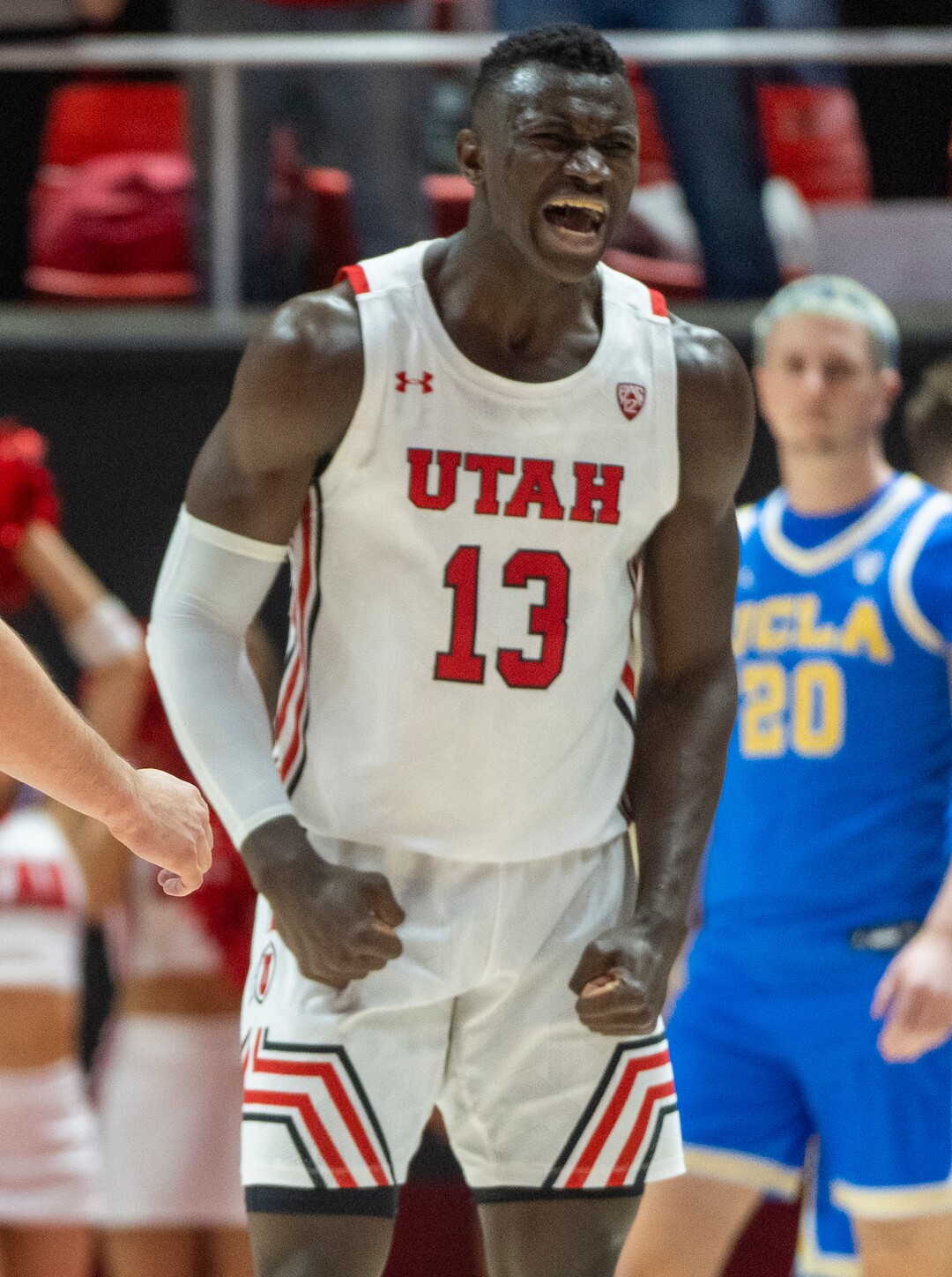 (Rick Egan | The Salt Lake Tribune) Utah center Keba Keita (13) reacts as at the Utes trim the UCLA lead to 4 points, in PAC-12 basketball action between Utah Utes and UCLA Bruins, at the Jon M. Huntsman Center, Thursday, February. 23, 2022.