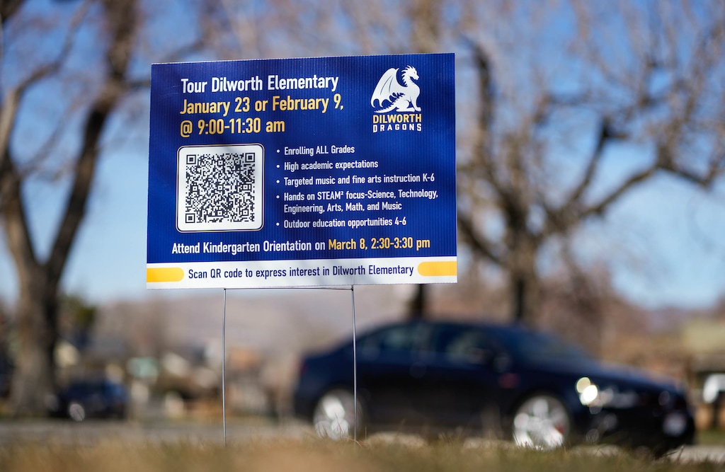 (Francisco Kjolseth | The Salt Lake Tribune) Signs encouraging people to attend Dilworth Elementary’s open houses are pictured in the Hawthorne Neighborhood on Wednesday, February. 28, 2024. Hawthorne Elementary is one of four Salt Lake City schools that will close by the start of the next school year.