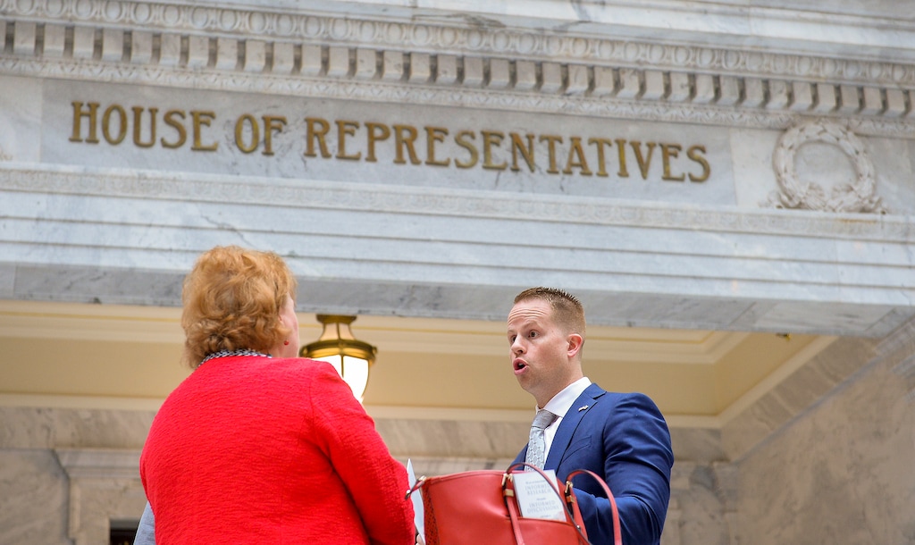 (Chris Samuels | The Salt Lake Tribune) Rep. Trevor Lee, R-Layton, speaks with members of the public outside the House Chamber Tuesday, Jan. 17, 2023.