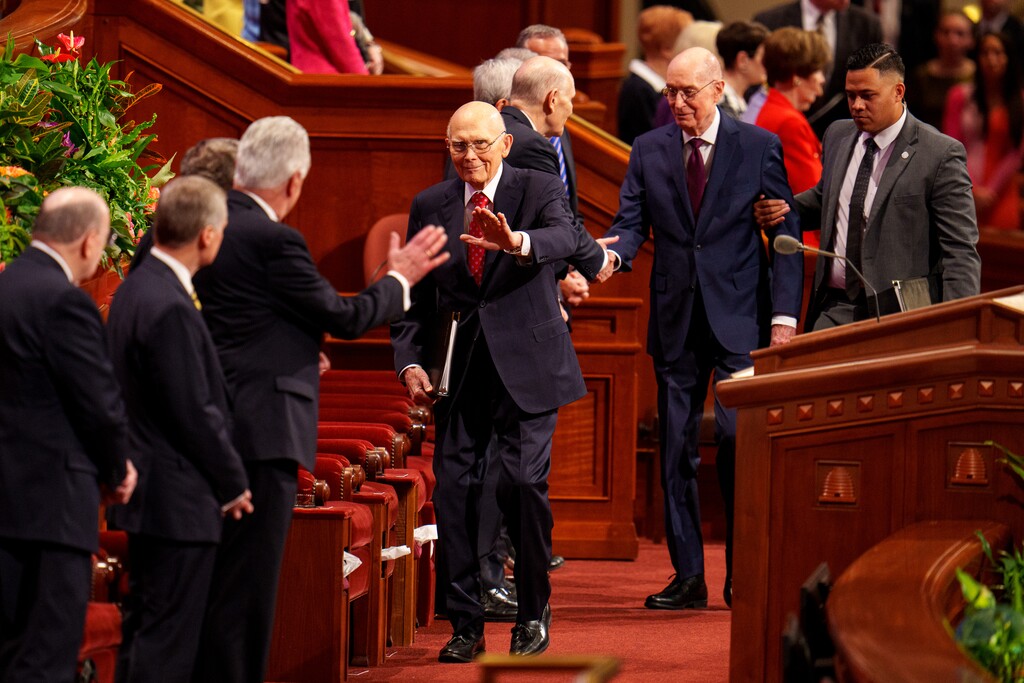 (Trent Nelson  |  The Salt Lake Tribune) President Dallin H. Oaks and President Henry B. Eyring arrive at General Conference in April 2024. All eyes will be on Oaks in coming days as he is expected to become the church's 18th president.