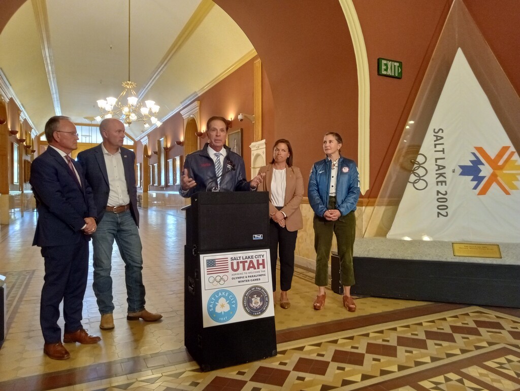 (Julie Jag | The Salt Lake Tribune)
Fraser Bullock, the president and CEO of the Salt Lake City-Utah Committee for the Games, speaks at a media conference outside the Salt Lake City mayor's office on Wednesday, Oct. 18, 2023. Local government leaders, including (from left) Sen. Stewart Adams, Gov. Spencer Cox, former Olympic speedskater Catherine Raney-Norman and SLC mayor Erin Mendenhall expressed excitement for the return of the Winter Olympics.