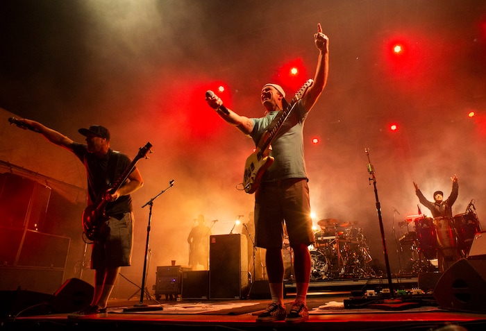 (Rick Egan  |  The Salt Lake Tribune)  Kyle McDonald and Miles Doughty hold their microphone out so the crowd can sing along, as Slightly Stoopid performs, at the Regge Rise Up Music Festival at the Rivers Edge near Heber City, Friday, Aug. 23, 2019.