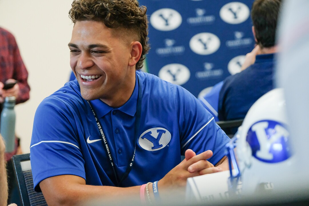 (Francisco Kjolseth  |  The Salt Lake Tribune)  Running back Lopini Katoa speaks with the press during BYU football media day at the BYU Broadcasting Building in Provo on Tuesday, June 18, 2019.