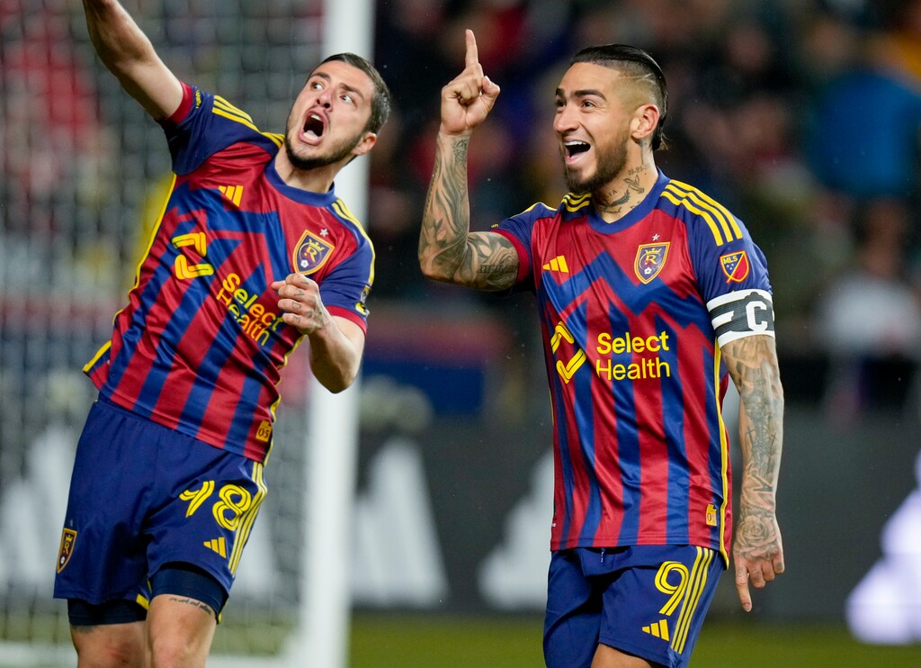 (Bethany Baker | The Salt Lake Tribune) Real Salt Lake forward Cristian Arango (9) and Real Salt Lake defender Alexandros Katranis (98) react to a goal as RSL hosts the St. Louis City during an MLS soccer match in Sandy on Saturday, March 30, 2024.