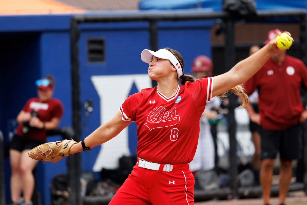 (Ben McKeown | AP) Utah's Mariah Lopez (8) pitches during an NCAA college softball game against South Carolina on Friday, May 17, 2024, in Durham, N.C.