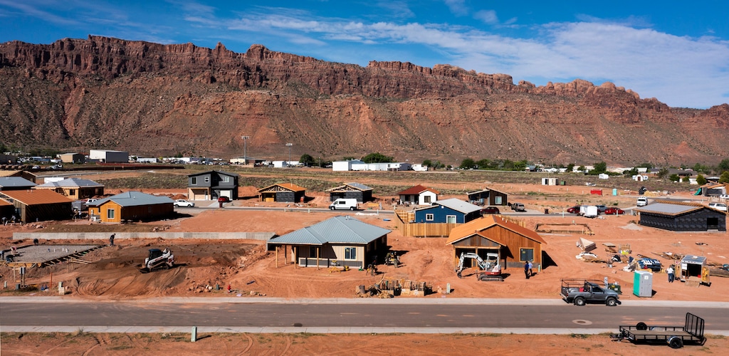 (Leah Hogsten | The Salt Lake Tribune) The Arroyo Crossing housing development, built on acreage owned by the Moab Area Community Land Trust, provides permanent affordable housing to some of Moab's families and individuals who could not otherwise afford a home, May 16, 2023.