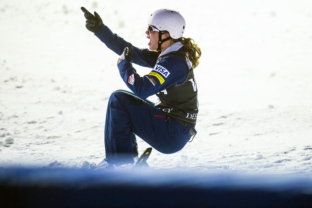 Chris Detrick  |  The Salt Lake TribuneUSA's Ashley Caldwell reacts after winning the FIS Freestyle Ski World Cup at Deer Valley Resort Thursday January 8, 2015.  Caldwell won the Ladies' Aerials competition with a score of 99.78.