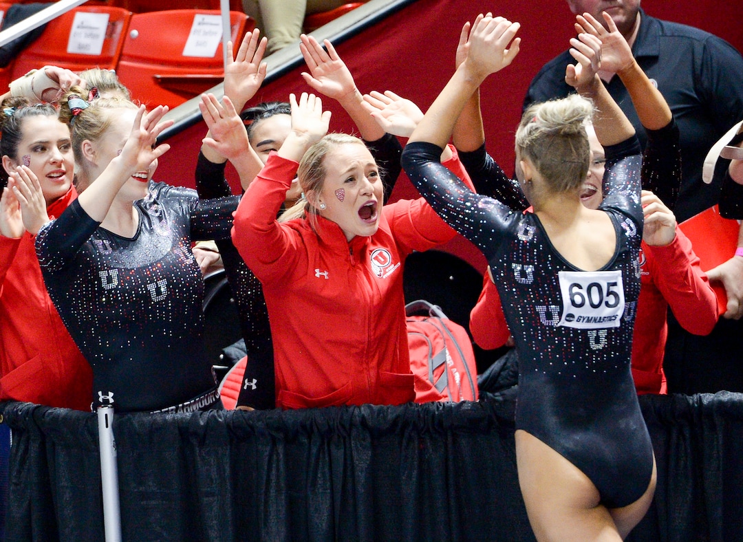 (Leah Hogsten  |  The Salt Lake Tribune)   MaKenna Merrell-Giles scored a 9.95 on her floor routine.  The fourth-ranked Utes compete against No. 9 California, No. 16 Auburn, No. 21 Brigham Young, Stanford and Southern Utah, during the the NCAA Regional Championships, Saturday, April 7, 2018 at the Huntsman Center. The top two teams advance to the NCAA Championships April 20-21 in St. Louis.Saturday, April 7, 2018, 