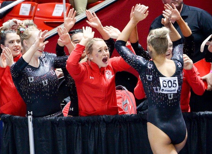 (Leah Hogsten  |  The Salt Lake Tribune)   MaKenna Merrell-Giles scored a 9.95 on her floor routine.  The fourth-ranked Utes compete against No. 9 California, No. 16 Auburn, No. 21 Brigham Young, Stanford and Southern Utah, during the the NCAA Regional Championships, Saturday, April 7, 2018 at the Huntsman Center. The top two teams advance to the NCAA Championships April 20-21 in St. Louis.Saturday, April 7, 2018, 