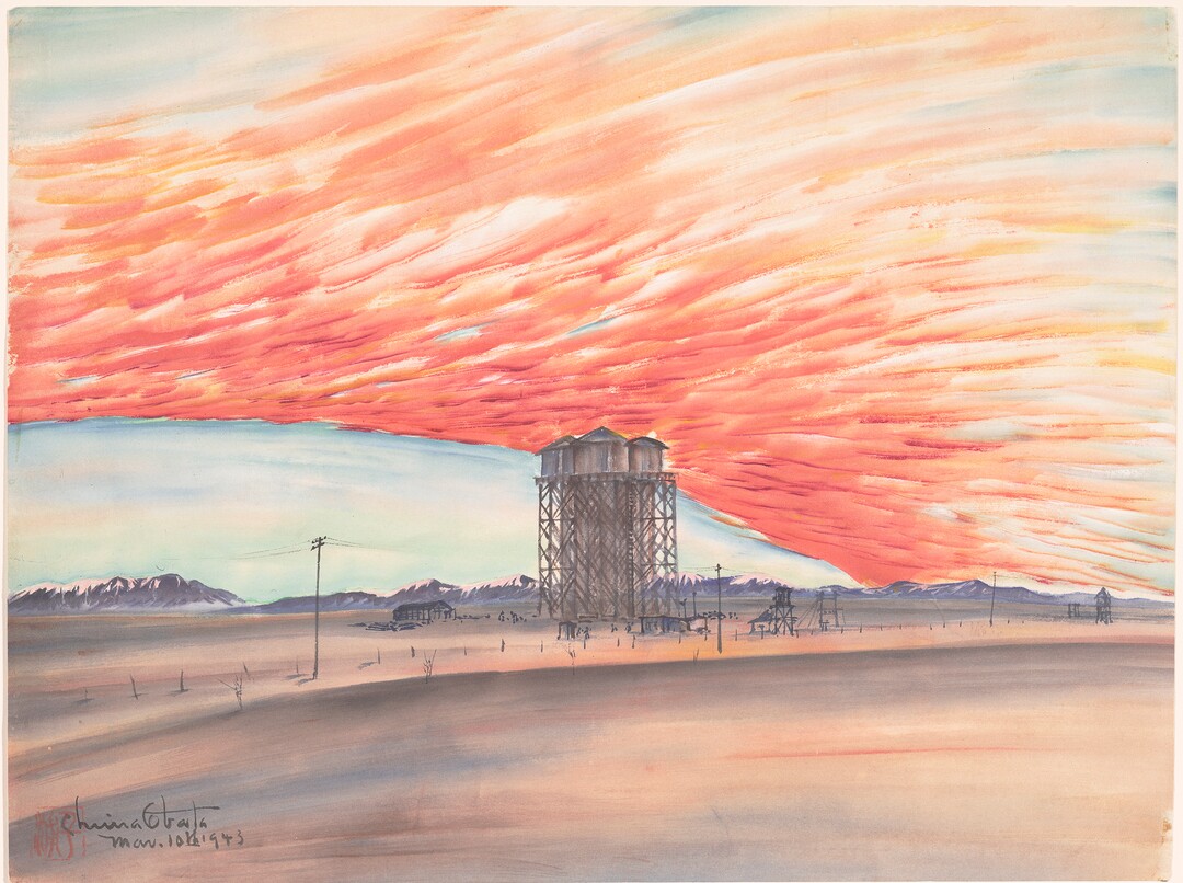 (Chiura Obata  |  courtesy Utah Museum of Fine Arts) "Sunset, Water Tower," an ink/color/mica on paper work created March 10, 1943 by Japanese-American artist Chiura Obata during his time at the Topaz internment camp in Utah. Obata's work will be shown in a major touring retrospective, May 25-Sept. 8 at the Utah Museum of Fine Arts. (Fine Arts Museums of San Francisco, Museum purchase, gift of the Graphic Arts Council, 2001.28.1)