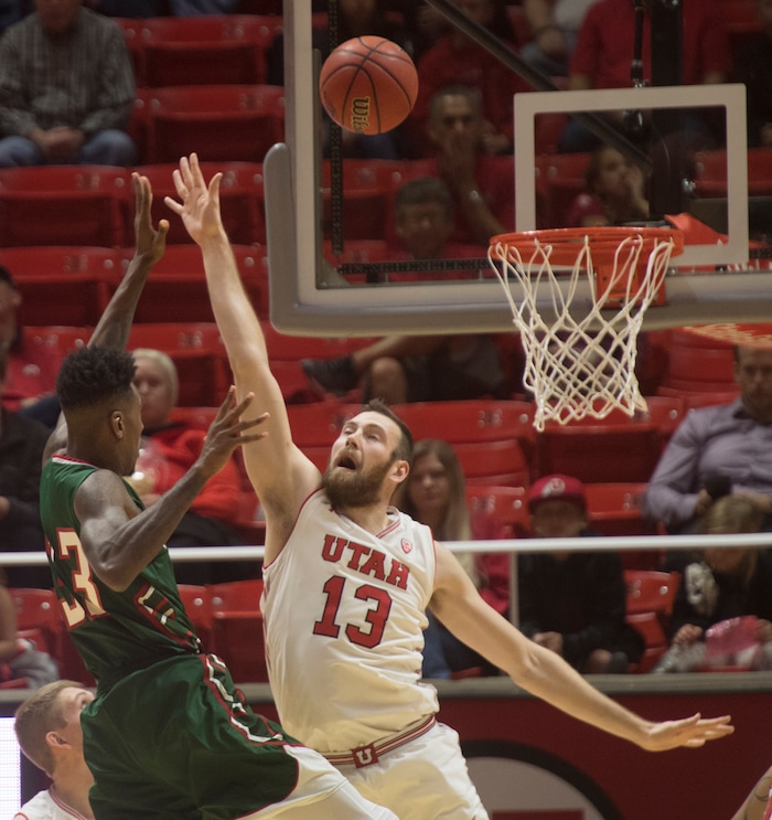 (Rick Egan  |  The Salt Lake Tribune)     Utah Utes forward David Collette (13) defends, in basketball action Utah Utes vs. Mississippi Valley State Delta Devils, at the Jon M. Huntsman Center,  Monday, November 13, 2017.
