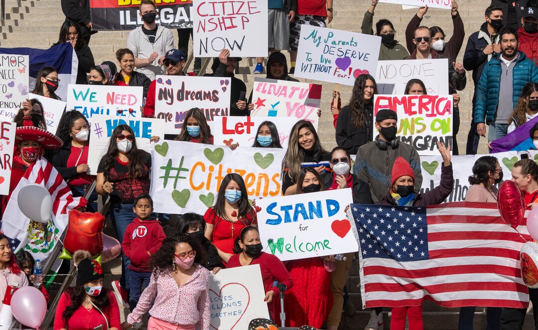 (Rick Egan | The Salt Lake Tribune)  Participants gather on the steps of the Capitol, for the national Day Without Immigrants rally, on Monday, Feb. 14, 2022.