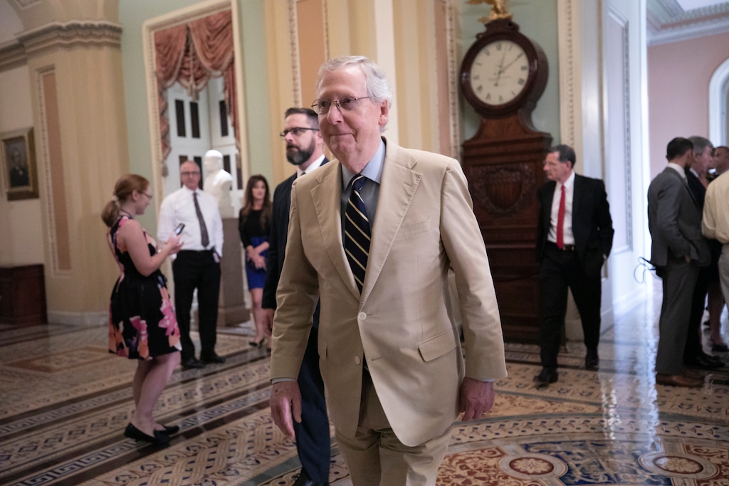 IN this Aug. 16, 2018, photo, Senate Majority Leader Mitch McConnell, R-Ky., arrives at the chamber to begin work on a judicial confirmation, at the Capitol in Washington. Much has changed in the unlikely partnership between Trump and McConnell. This time last year, the two men were barely on speaking terms. Now they talk almost daily about strategy, campaigns and counting votes.(AP Photo/J. Scott Applewhite)