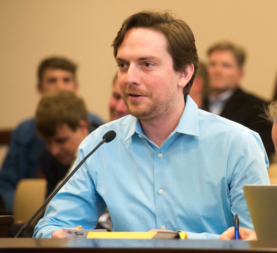 (Rick Egan  |  The Salt Lake Tribune)   Chase Clyde, Utah Education Association, speaks in support of SJR16 during a Senate Education Committee meeting at the Capitol, Friday, March 2, 2018.