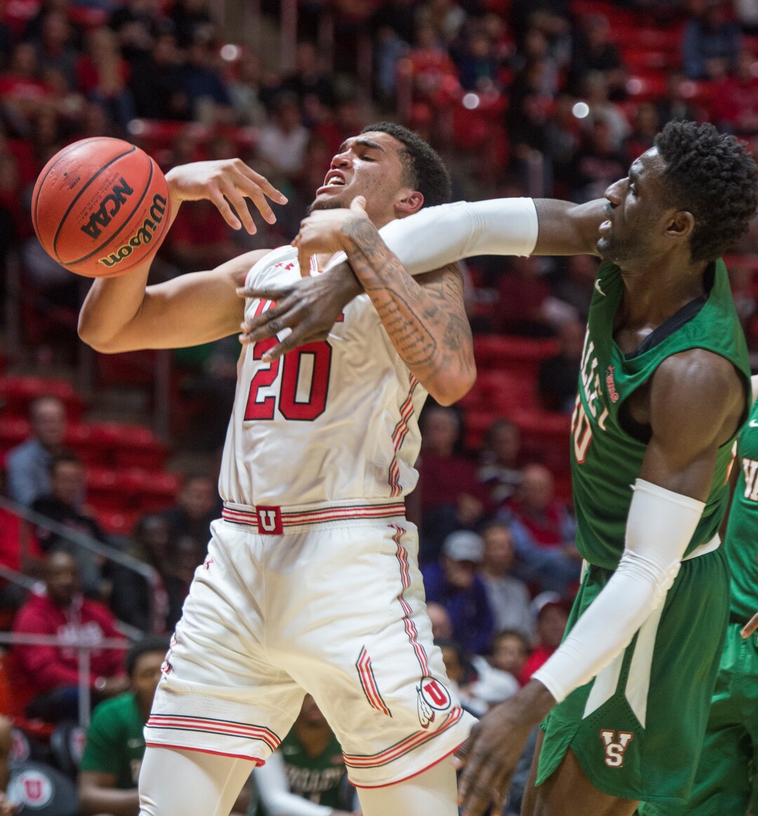 (Rick Egan  |  The Salt Lake Tribune)    Mississippi Valley State Delta Devils center Emmanuel Ejeh (10) prevents Utah Utes forward Timmy Allen (20) from scoring, in basketball action between Utah Utes and Mississippi Valley State Delta Devils at the Jon M. Huntsman Center, Thursday, Nov. 15, 2018.