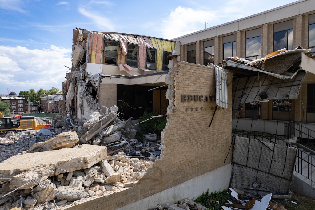 (Francisco Kjolseth | The Salt Lake Tribune) Salt Lake City School District begins the destruction of its long time office building pictured on Wednesday, Aug. 10, 2022. The district set out on a series of renovations in years past to ensure that its buildings would be earthquake safe. The headquarters are the last building to be rebuilt with safety in mind.