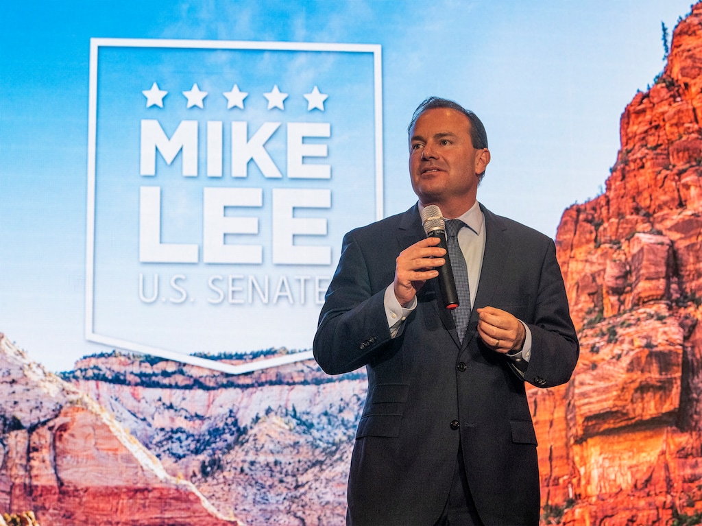 (Rick Egan | The Salt Lake Tribune) Sen. Mike Lee makes a few comments early in the evening at his election party in South Jordan on Tuesday.