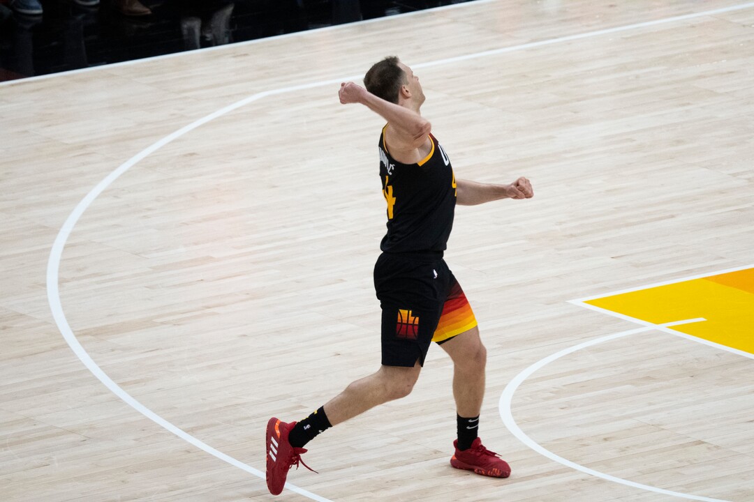 (Rick Egan | The Salt Lake Tribune) Utah Jazz forward Bojan Bogdanovic (44) reacts after sining a 3-pointer to but the Jazz up by 10 points late in the 4th quarter, in NBA action between the Utah Jazz and the LA Clippers, in game one in the second round of the NBA playoff series at Vivint Arena, on Tuesday, June 8, 2021.