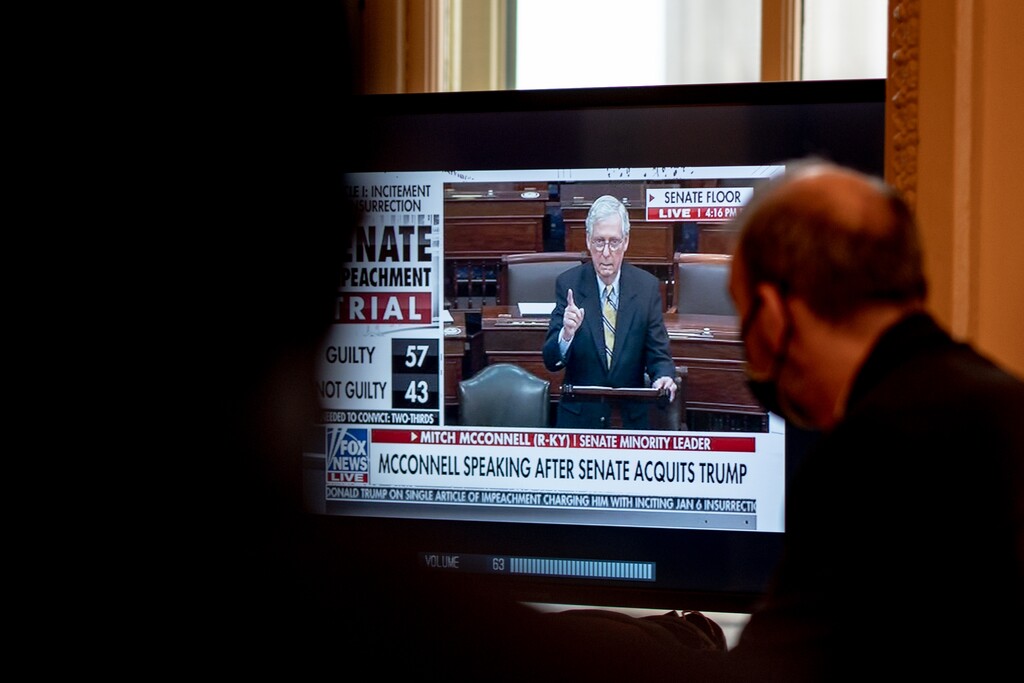(Erin Schaff | The New York Times)

House impeachment managers watch Senate Minority Leader Mitch McConnell (R-Ky.) speak after the Senate voted to acquit former President Donald Trump, at the Capitol in Washington, Feb. 13, 2021. "It seems to me that if McConnell couldn’t behave honorably, he did the next best thing with the speech he gave after voting to acquit," writes New York Times columnist Michelle Goldberg.