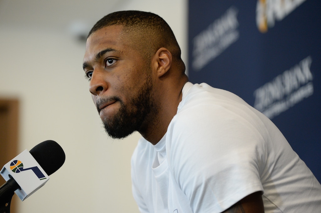 (Francisco Kjolseth | The Salt Lake Tribune) Utah Jazz forward-center Derrick Favors speaks with the media during exit interviews at their practice facility in Salt Lake City Wed., May 8, 2018, after losing to the Houston Rockets in game 5 of their Western Conference Finals during the 2018 NBA Playoffs.