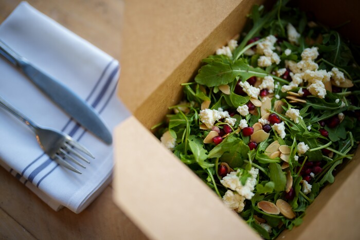 (Trent Nelson  |  The Salt Lake Tribune) The Roka salad (arugula, seasonal fruit, toasted almonds, house myzithra, white balsamic vinaigrette) at Manoli's in Salt Lake City on Saturday, Jan. 8, 2022.