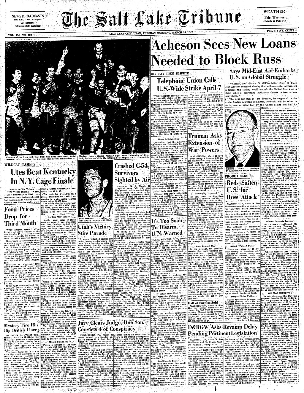 (Courtesy image)  The front page of the March 25, 1947 issue of The Salt Lake Tribune describes Utah's dramatic victory over Kentucky in the NIT Tournament in Madison Square Garden. It was Utah's only NIT title, then seen as the equivalent of the NCAA tournament title.