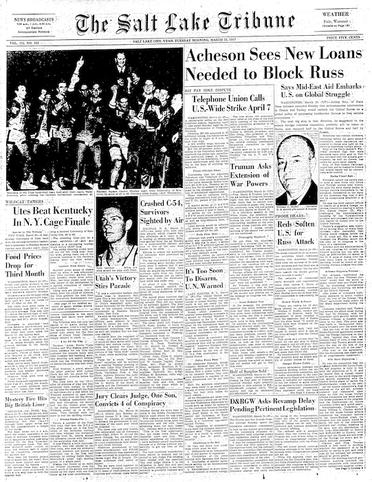 (Courtesy image) The front page of the March 25, 1947 issue of The Salt Lake Tribune describes Utah's dramatic victory over Kentucky in the NIT Tournament in Madison Square Garden. It was Utah's only NIT title, then seen as the equivalent of the NCAA tournament title.