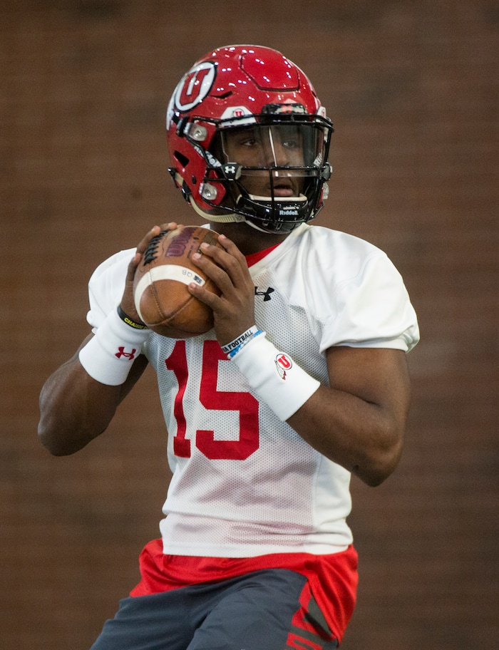 (Rick Egan  |  The Salt Lake Tribune)    Redshirt freshman quarterback Jason Shelley works out on the first day of Spring practice, Monday, March 5, 2018.


