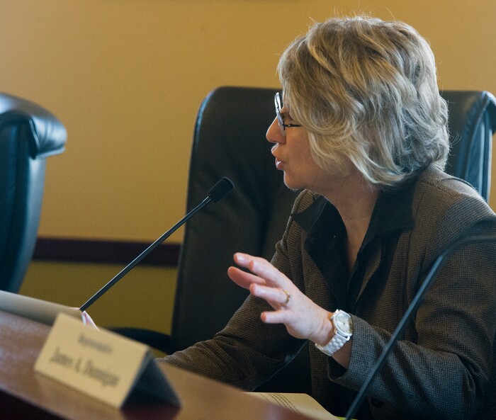 (Rick Egan  |  The Salt Lake Tribune)     Rep. Susan Pulsipher questions Rep. Brian Greene about HB 185, during a committee meeting, Friday, January 26, 2018.


