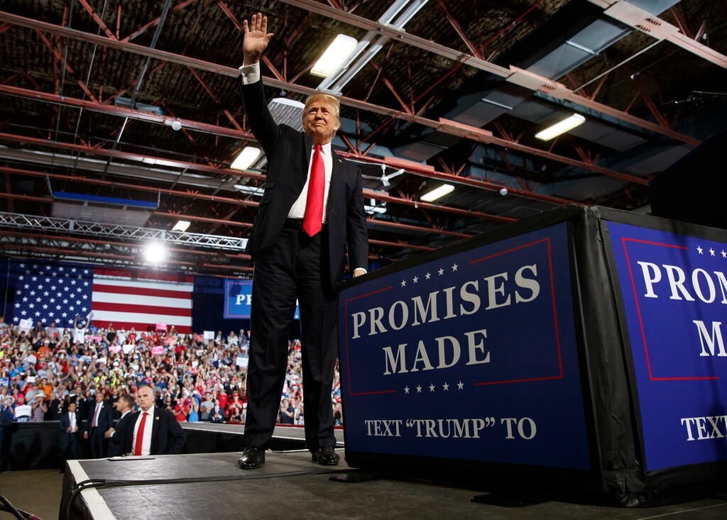 (Carolyn Kaster  |  AP Photo)  President Donald Trump arrives to speak at a rally at the Four Seasons Arena at Montana ExpoPark on Thursday, July 5, 2018, in Great Falls, Mont. During a rally in Montana last week, President Donald Trump mocked the #MeToo movement with comments representative of a partisan divide over the issue.
