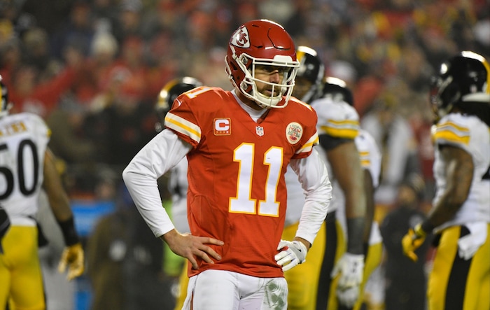 Kansas City Chiefs quarterback Alex Smith (11) walks off the field during the first half of an NFL divisional playoff football game against the Pittsburgh Steelers Sunday, Jan. 15, 2017, in Kansas City, Mo. (AP Photo/Ed Zurga)
