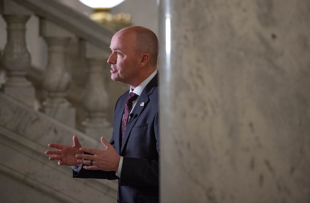 (Francisco Kjolseth  | The Salt Lake Tribune) Gov. Spencer Cox holds media availability at the Capitol in Salt Lake City on Friday, March 5, 2021, during the final day of the Utah Legislature’s 2021 general session.