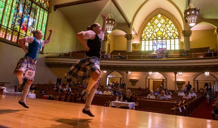 (Leah Hogsten  |  The Salt Lake Tribune) l-r Ashlyn Poduska and Keely Banks dance during Saturday's Highland Dance Competition, October 28, 2017 at the First Presbyterian Church during its annual two-day Scottish Festival celebrating the Scottish heritage of the church. 