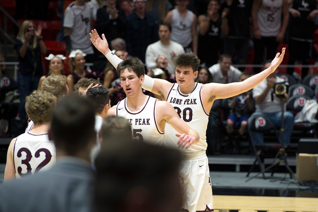 Scott Sommerdorf | The Salt Lake TribuneLone Peak's Jackson Brinkerhoff plays to the crowd after a second half dunk. Lone Peak beat Layton 82-47, in a boy's 6A semi-final, FrIday, March. 2, 2018.