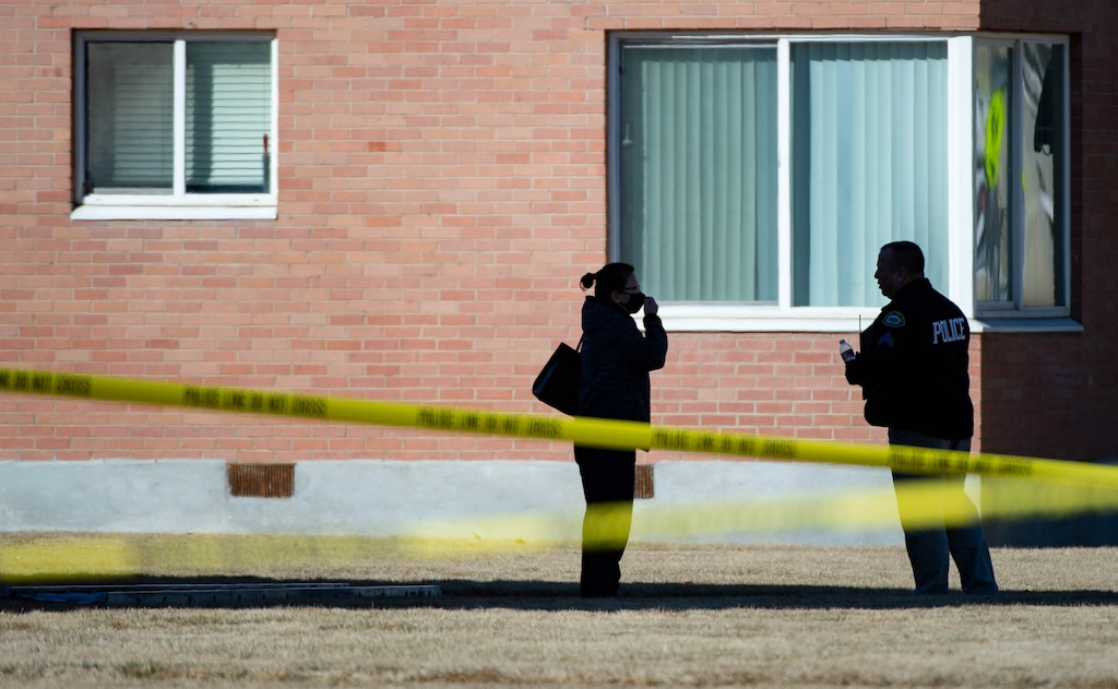 (Francisco Kjolseth  | The Salt Lake Tribune)  Provo Police investigate the scene where a police officer was shot and injured during an exchange of gunfire with an erratic man in an apartment complex on Thursday, Feb. 25, 2021.