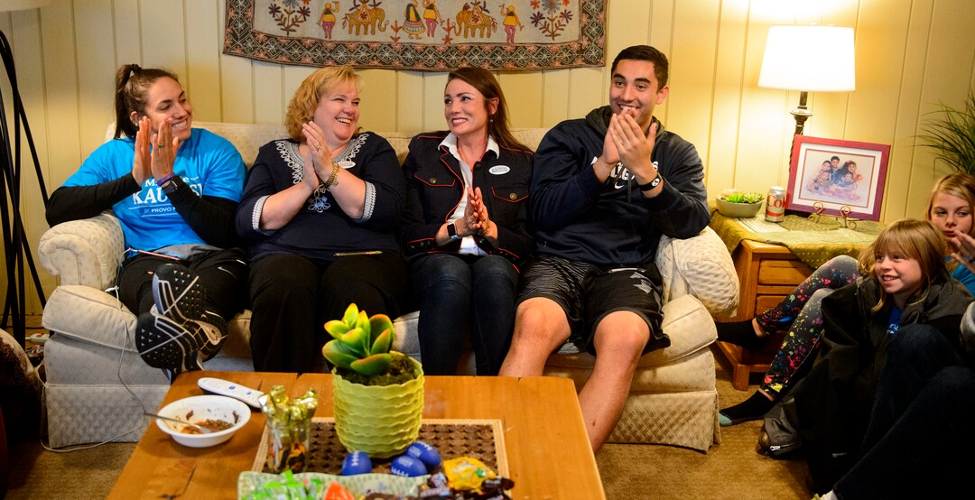 (Steve Griffin  |  The Salt Lake Tribune)  Provo mayoral candidate Michelle Kaufusi, second from right, smiles as her friends and family members celebrate the early election results in her living room election night Tuesday in Provo November 7, 2017. If victorious Kaufusi will make history as Provo's first female mayor. 