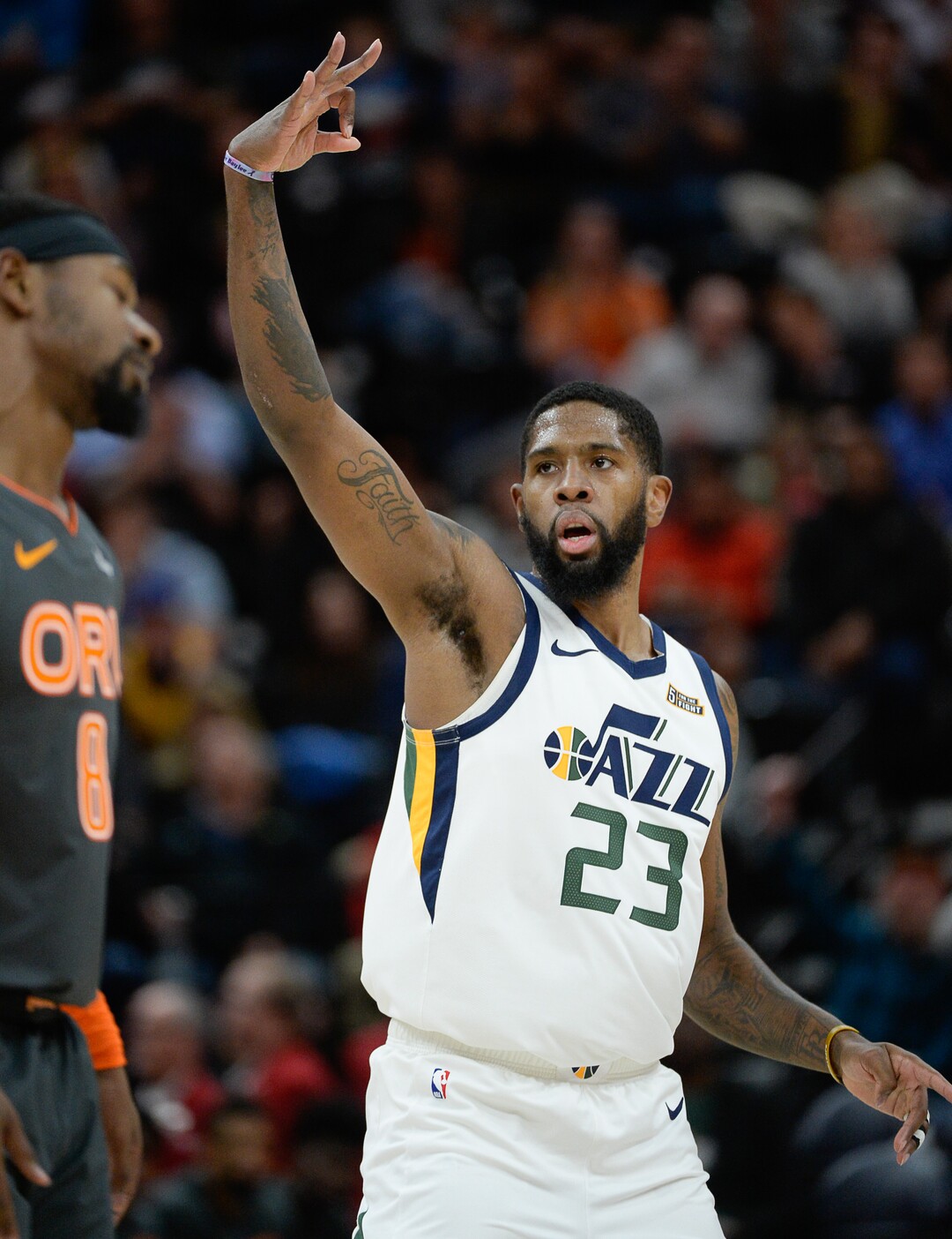 (Francisco Kjolseth  |  The Salt Lake Tribune) Utah Jazz forward Royce O'Neale (23) celebrates his three pointer as the Utah Jazz host the Orlando Magic in their NBA basketball game at Vivint Smart Home Arena in Salt Lake City on Tuesday. Dec. 17, 2019.