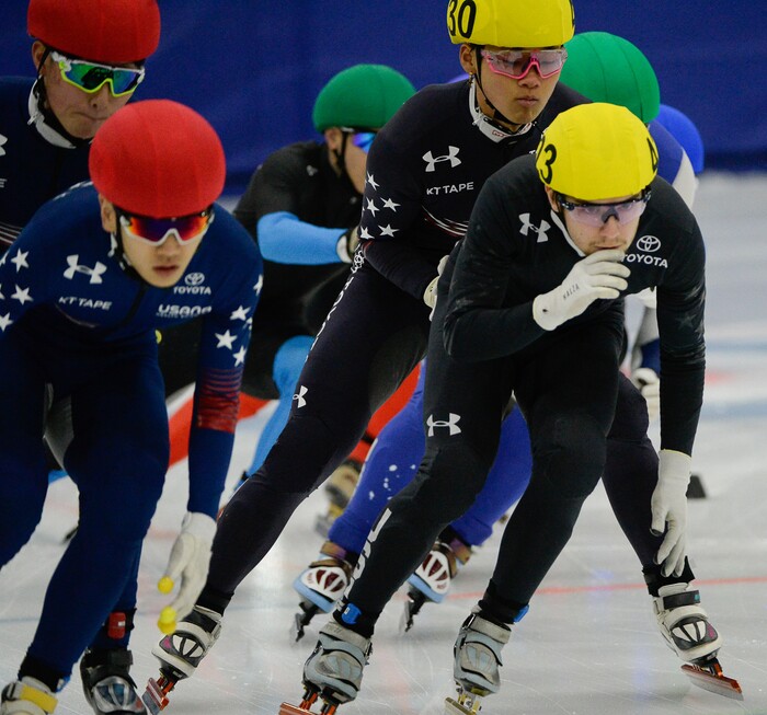 (Francisco Kjolseth  |  The Salt Lake Tribune) Ryan Pivirotto, right, competes in the 2000 meter mixed semifinal relay race as part of the U.S. Short Track Speedskating championships on Friday, Jan. 3, 2020, at the Utah Olympic Oval in Kearns.