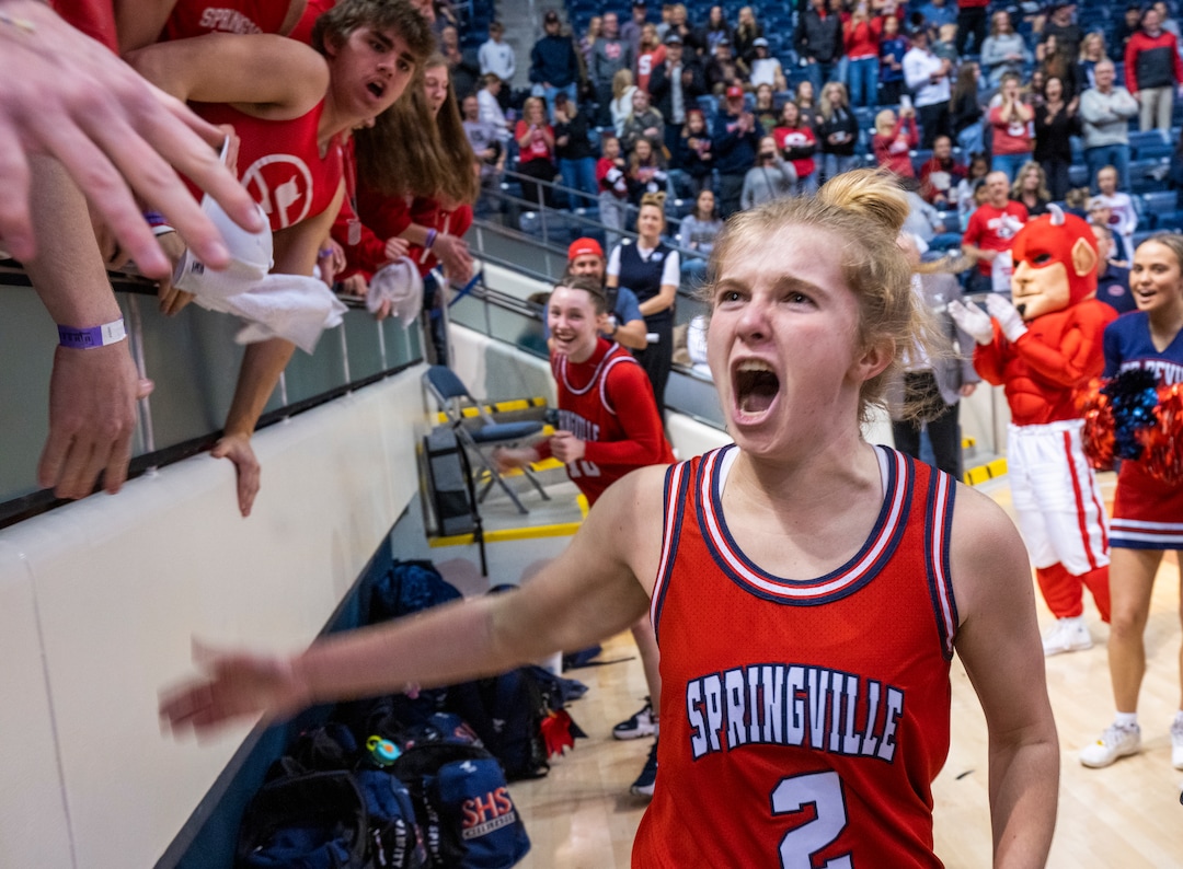 (Rick Egan | The Salt Lake Tribune) Springville Red Devils guard, Brooke Pennington (2) celebrates at the buzzer, as Springville defeats Lehi 54-43, in the Girls 5A State Championship game, at the Marriott Center in Provo, on Saturday, March 5, 2022. 