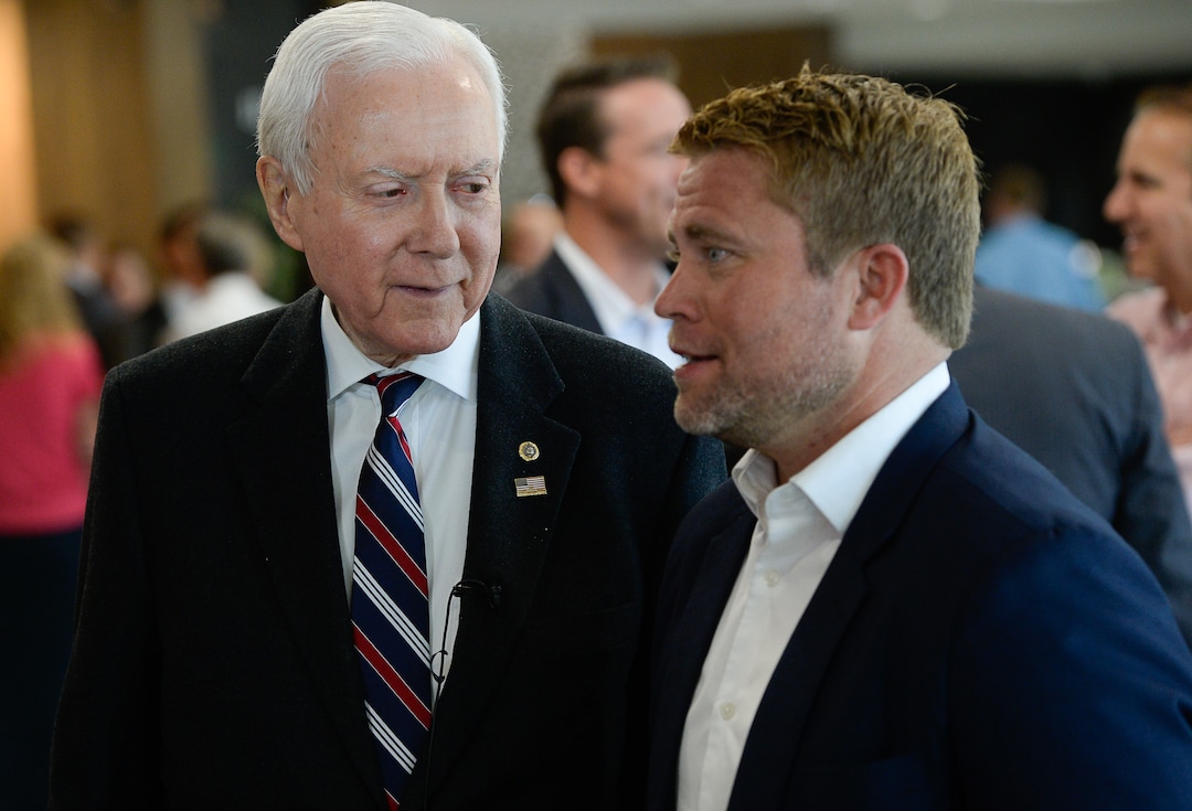 (Francisco Kjolseth | The Salt Lake Tribune)  Operation Underground Railroad, O.U.R. founder Tim Ballard is joined by Utah Senator Orrin Hatch on Wed. April 19, 2017, as they gather to talk about child sex trafficking and legislation aimed at cracking down on it at Younique, a cosmetic company in Lehi who's foundation provides services for women who are survivors of sexual abuse.