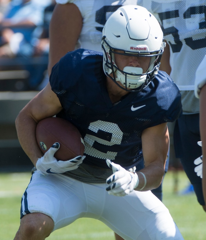 (Rick Egan  |  The Salt Lake Tribune)  Austin Kafentzis runs with the ball, during  a BYU public scrimmage at Lavell Edwards Stadium, Thursday, August 17, 2017.