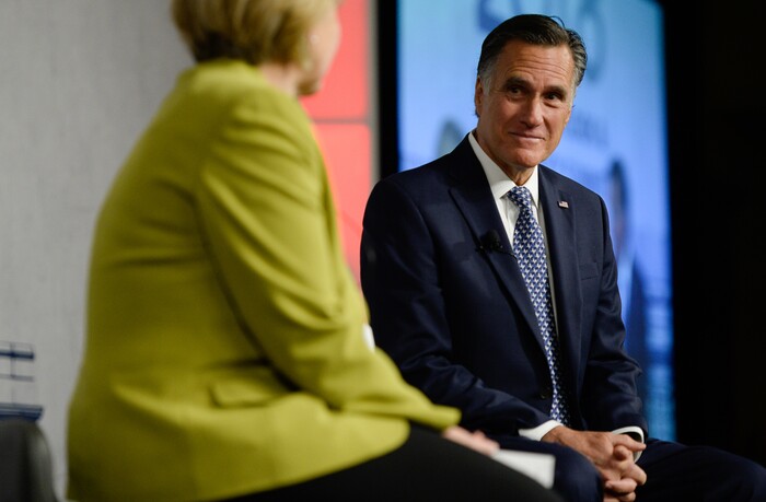 (Francisco Kjolseth  |  The Salt Lake Tribune)  Mitt Romney is interviewed by Natalie Gochnour, Associate Dean and Director of the Kem C. Gardner Policy Institute during the Utah Economic Outlook & Policy Summit 2018, hosted by the Salt Lake Chamber at the Salt Lake City Marriott Downtown at City Creek on Tuesday, Jan. 16, 2018. 