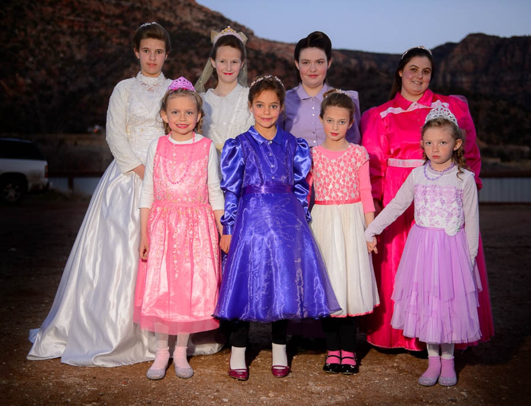 (Trent Nelson | The Salt Lake Tribune)  A princess party was thrown for several young FLDS girls in Colorado City, Ariz., Friday March 16, 2018, as a reward for reading books. Before the party, some of the girls posed for a photograph.