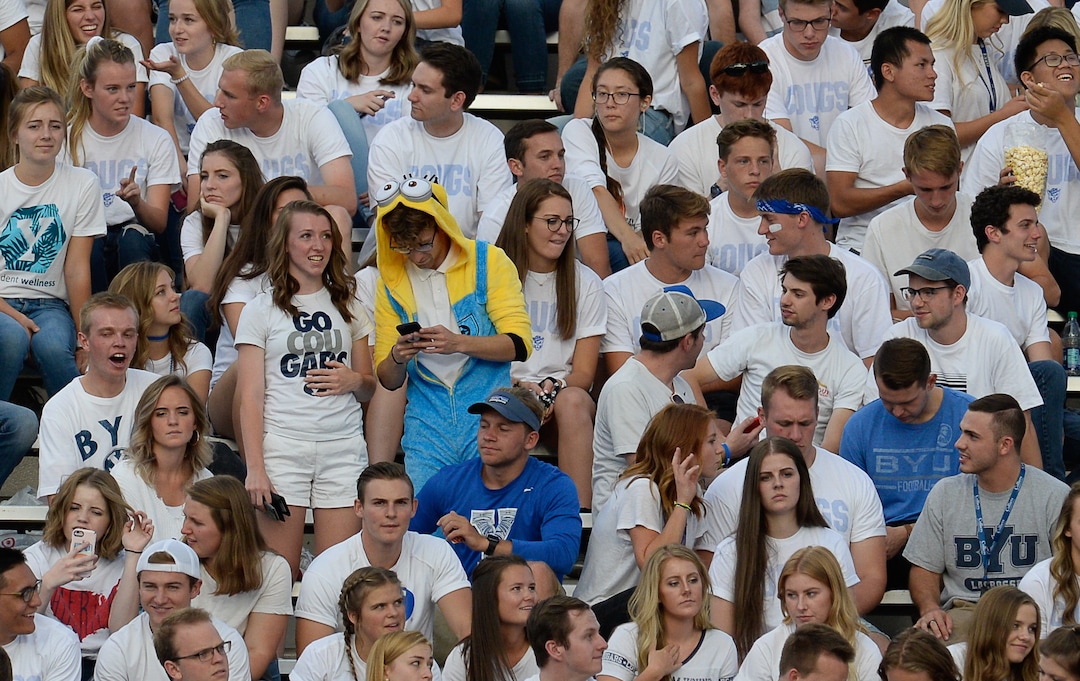 (Francisco Kjolseth  |  The Salt Lake Tribune)  BYU fans wait for the start of the game against the California Golden Bears for their NCAA college football game, Saturday, Sept. 8, 2018, at LaVell Edwards stadium in Provo, Utah.