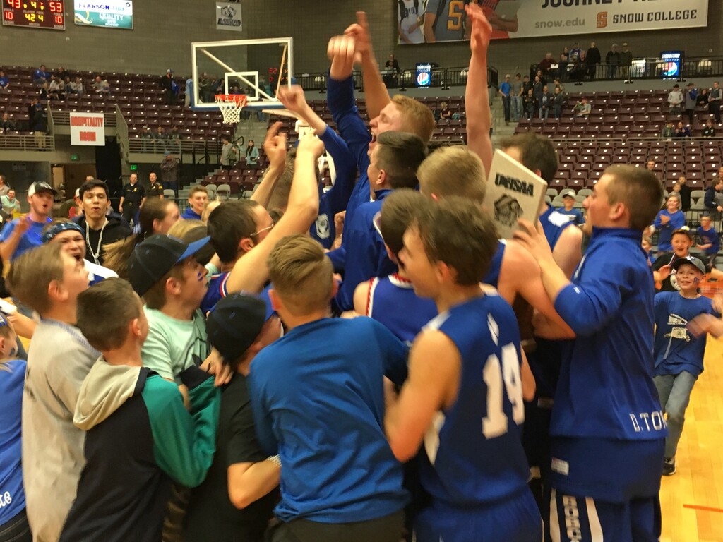 Tom Wharton  |  For The Tribune
The Panguitch boys' basketball team celebrates winning the Class 1A state title Saturday at the Sevier Valley Center in Richfield.
