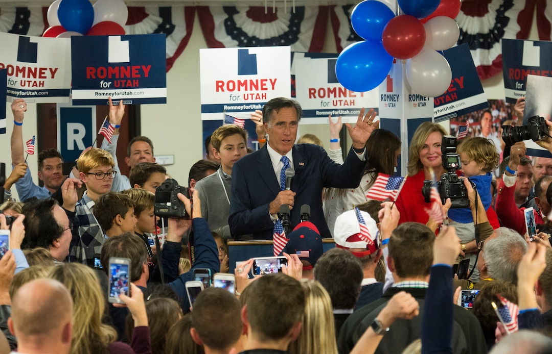 (Rick Egan  |  The Salt Lake Tribune)   Mitt Romney gives his victory speech, at the Romney Headquarters, in Orem, on election night, Tuesday, Nov. 6, 2018.