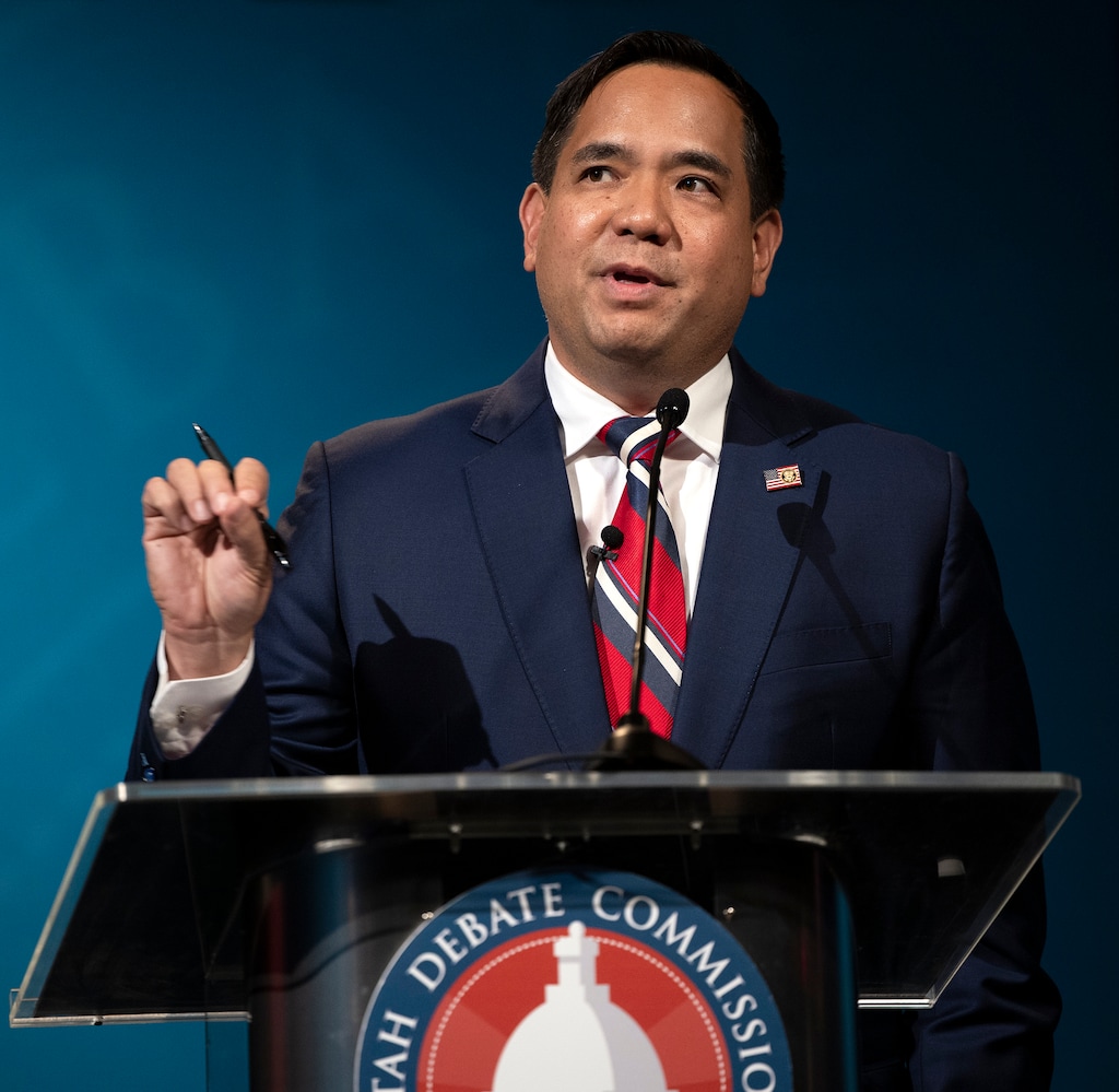 (Scott G Winterton  |  Deseret News/pool) Utah Attorney General Sean D. Reyes answers a question as he debates Defense Attorney Greg Skordas in the KSL studios in Salt Lake City on Wednesday, Oct. 21, 2020.