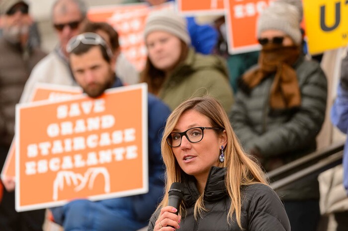 (Trent Nelson | The Salt Lake Tribune) Ashley Soltysiak, Director of the Utah Sierra Club, speaks out against Rep. Chris Stewart's Grand Staircase bill that would create an Escalante National Park during a rally on the steps of the State Capitol Building in Salt Lake City, Tuesday December 12, 2017.
