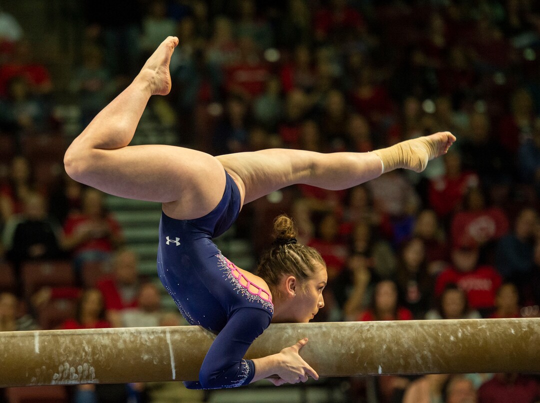 (Rick Egan  |  The Salt Lake Tribune)    Norah Flatley competes on the balance bean for UCLA, in the PAC-12 Gymnastics Championships at the Maverik Center, Saturday, March 23, 2019.