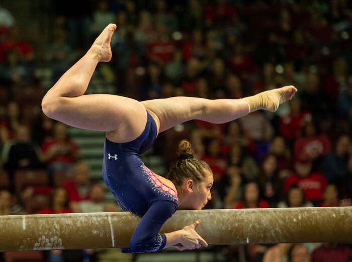 (Rick Egan  |  The Salt Lake Tribune)    Norah Flatley competes on the balance bean for UCLA, in the PAC-12 Gymnastics Championships at the Maverik Center, Saturday, March 23, 2019.


